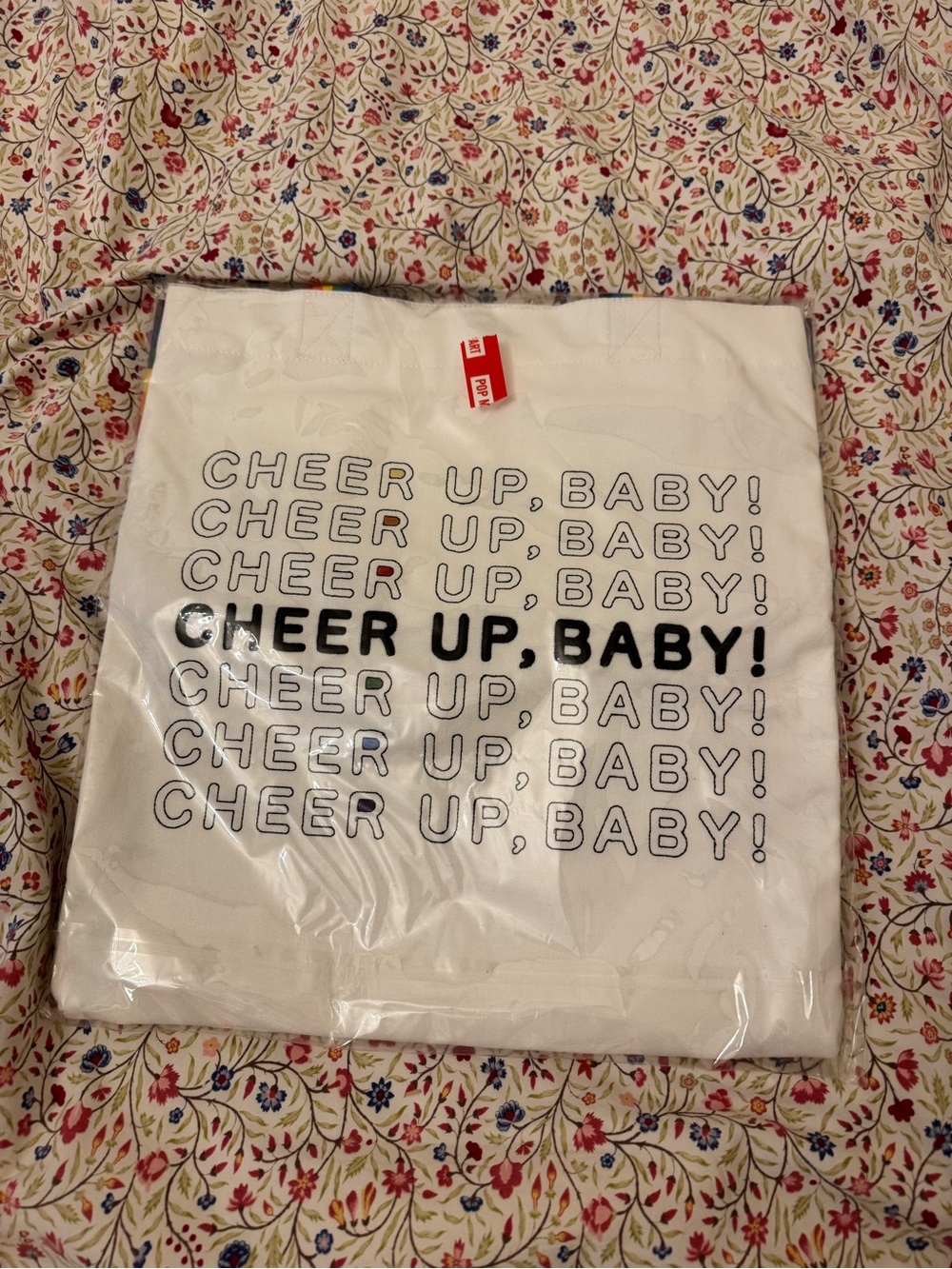 White "Cheer Up, Baby!" Graphic Tote - Minimalist Repeat Print